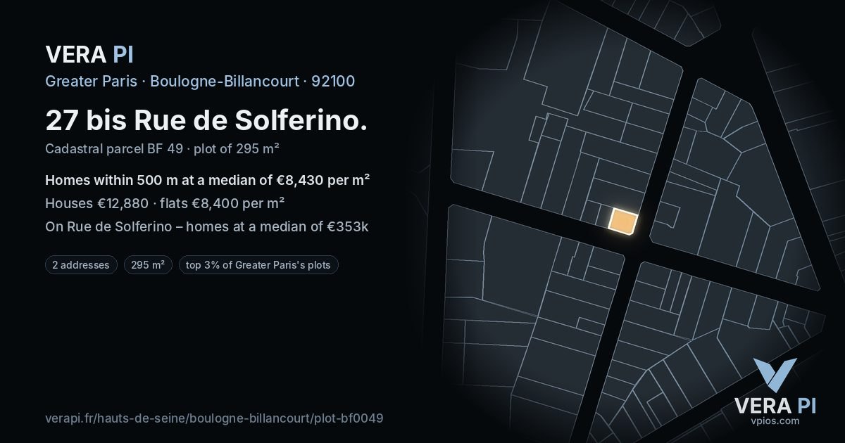 27 bis Rue de Solferino, Boulogne-Billancourt at night – the plot lit, the parcels around coloured by the prices near them