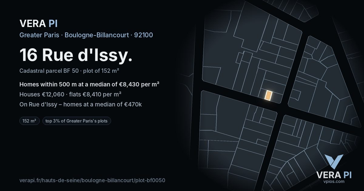 16 Rue d'Issy, Boulogne-Billancourt at night – the plot lit, the parcels around coloured by the prices near them