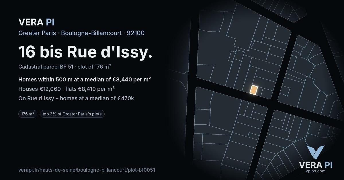 16 bis Rue d'Issy, Boulogne-Billancourt at night – the plot lit, the parcels around coloured by the prices near them