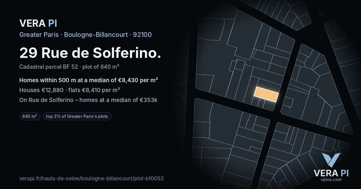 29 Rue de Solferino, Boulogne-Billancourt at night – the plot lit, the parcels around coloured by the prices near them