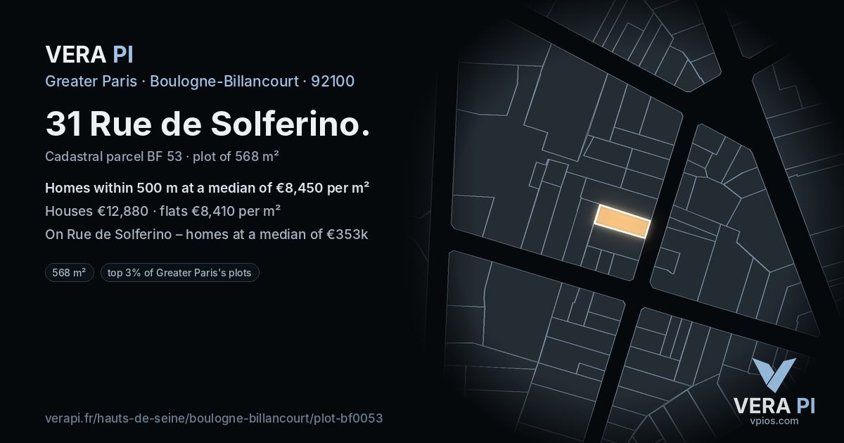31 Rue de Solferino, Boulogne-Billancourt at night – the plot lit, the parcels around coloured by the prices near them