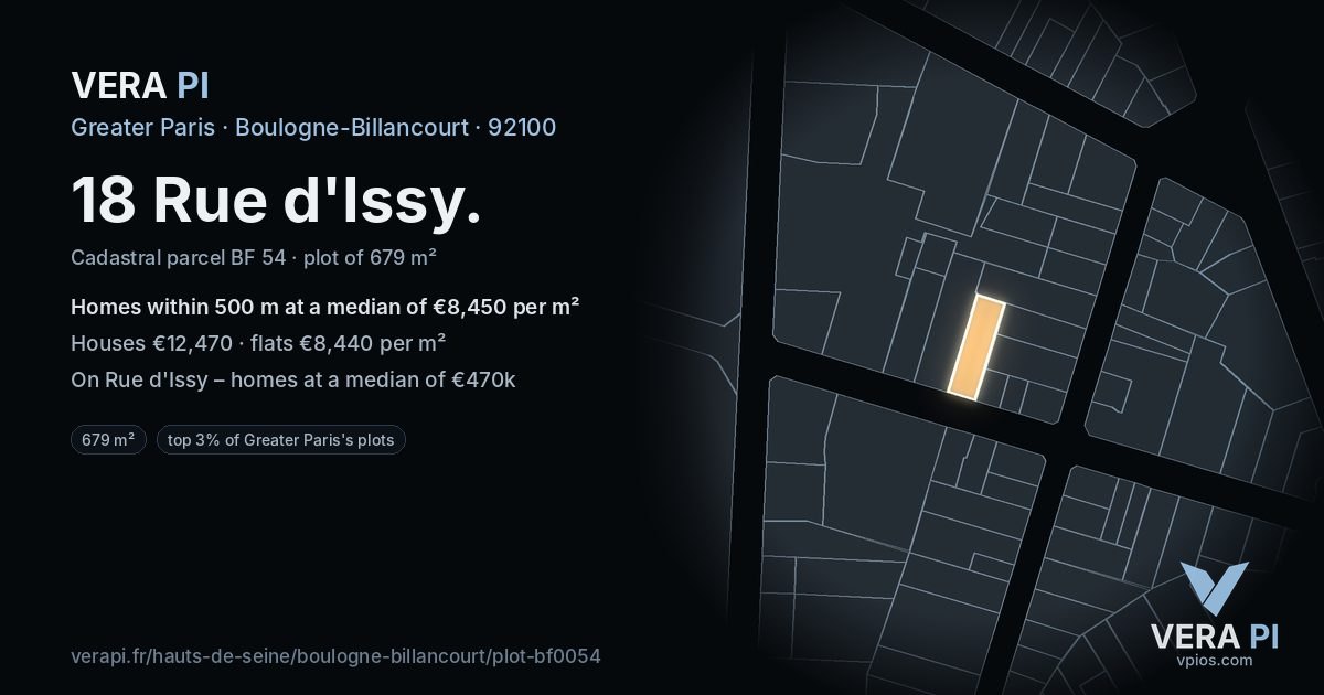 18 Rue d'Issy, Boulogne-Billancourt at night – the plot lit, the parcels around coloured by the prices near them