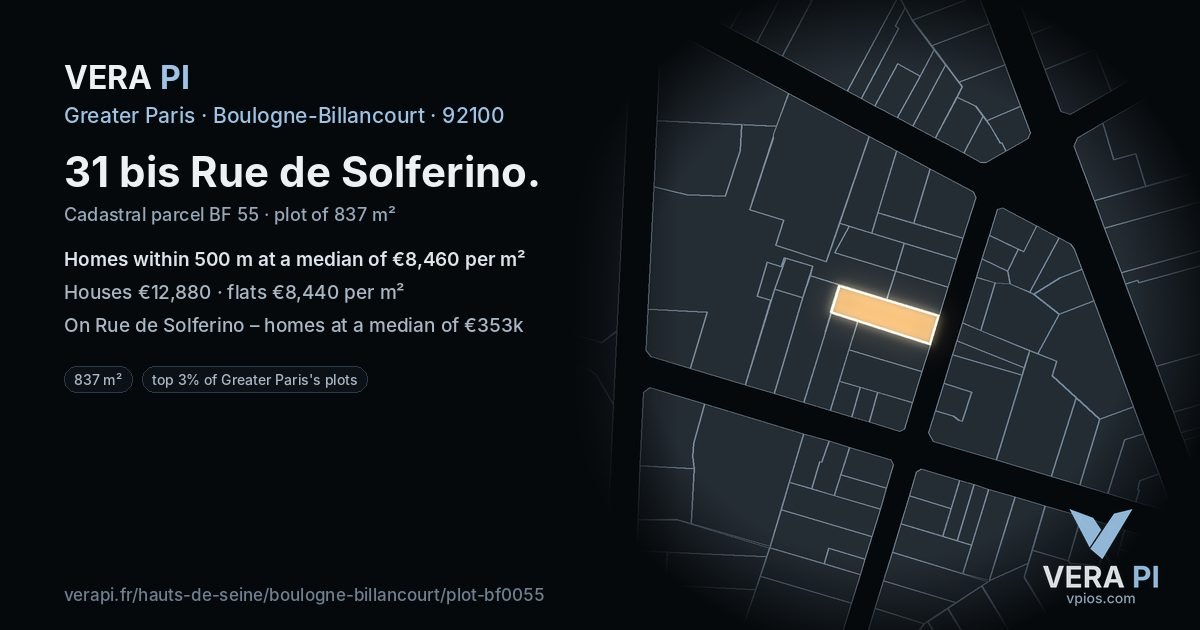 31 bis Rue de Solferino, Boulogne-Billancourt at night – the plot lit, the parcels around coloured by the prices near them