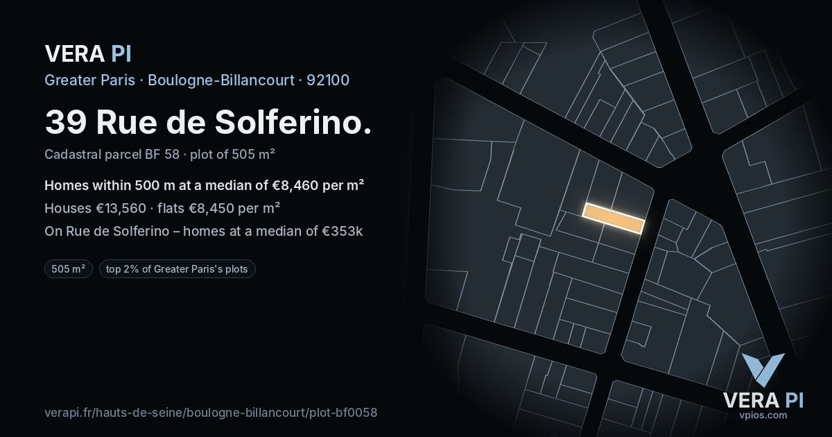 39 Rue de Solferino, Boulogne-Billancourt at night – the plot lit, the parcels around coloured by the prices near them