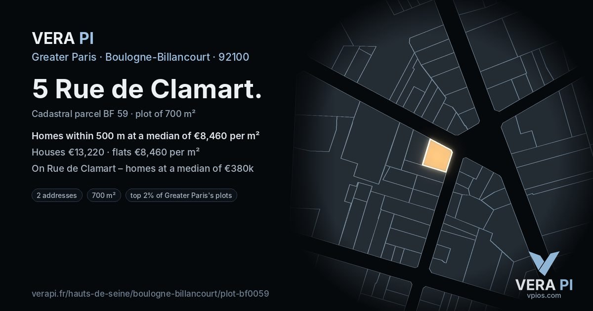 5 Rue de Clamart, Boulogne-Billancourt at night – the plot lit, the parcels around coloured by the prices near them