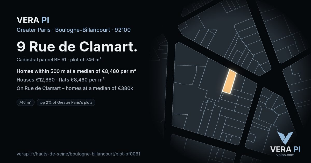 9 Rue de Clamart, Boulogne-Billancourt at night – the plot lit, the parcels around coloured by the prices near them