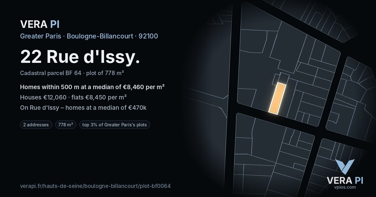 22 Rue d'Issy, Boulogne-Billancourt at night – the plot lit, the parcels around coloured by the prices near them