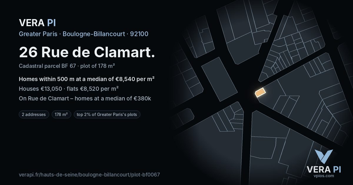 26 Rue de Clamart, Boulogne-Billancourt at night – the plot lit, the parcels around coloured by the prices near them