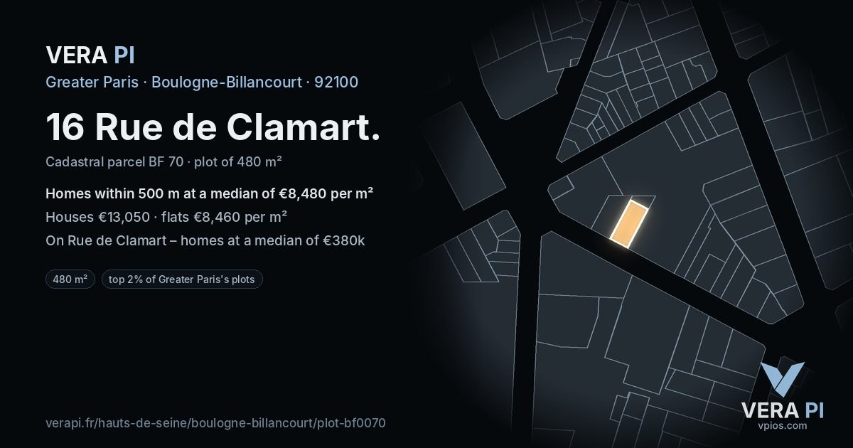 16 Rue de Clamart, Boulogne-Billancourt at night – the plot lit, the parcels around coloured by the prices near them