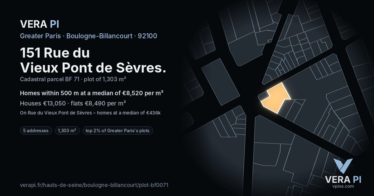 151 Rue du Vieux Pont de Sèvres, Boulogne-Billancourt at night – the plot lit, the parcels around coloured by the prices near them
