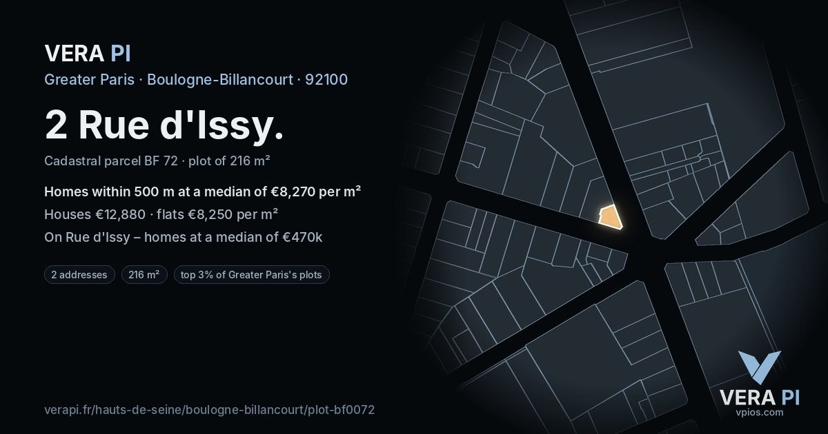 2 Rue d'Issy, Boulogne-Billancourt at night – the plot lit, the parcels around coloured by the prices near them
