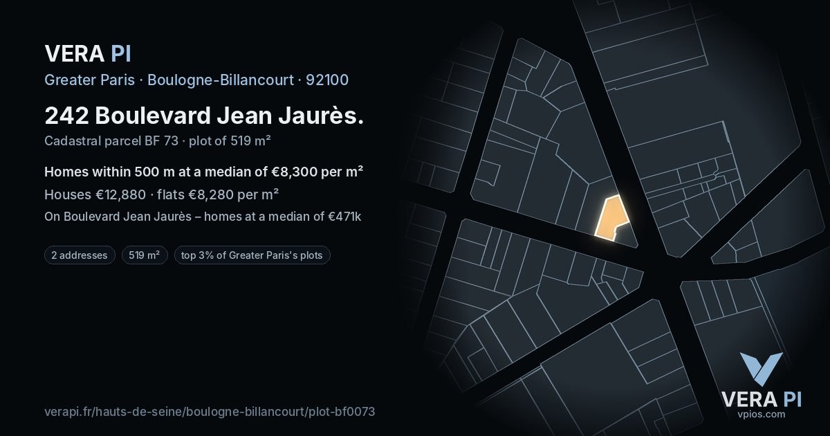 242 Boulevard Jean Jaurès, Boulogne-Billancourt at night – the plot lit, the parcels around coloured by the prices near them