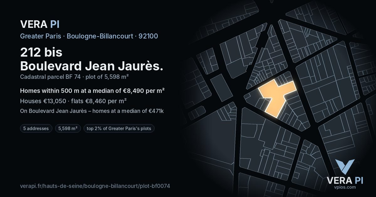 212 bis Boulevard Jean Jaurès, Boulogne-Billancourt at night – the plot lit, the parcels around coloured by the prices near them