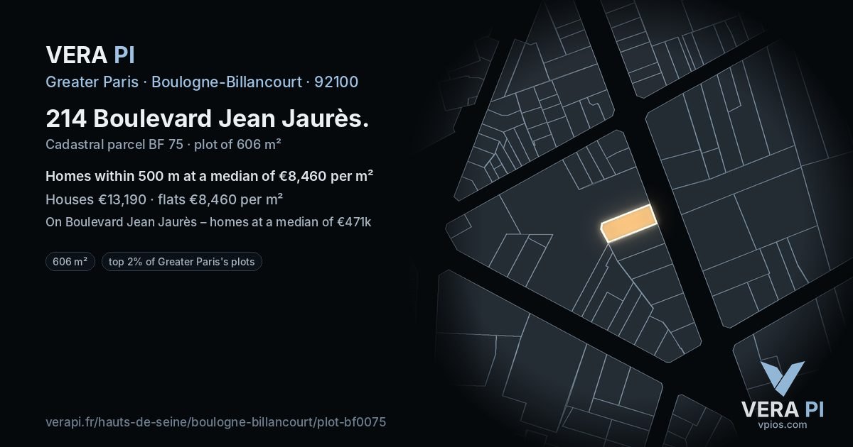 214 Boulevard Jean Jaurès, Boulogne-Billancourt at night – the plot lit, the parcels around coloured by the prices near them