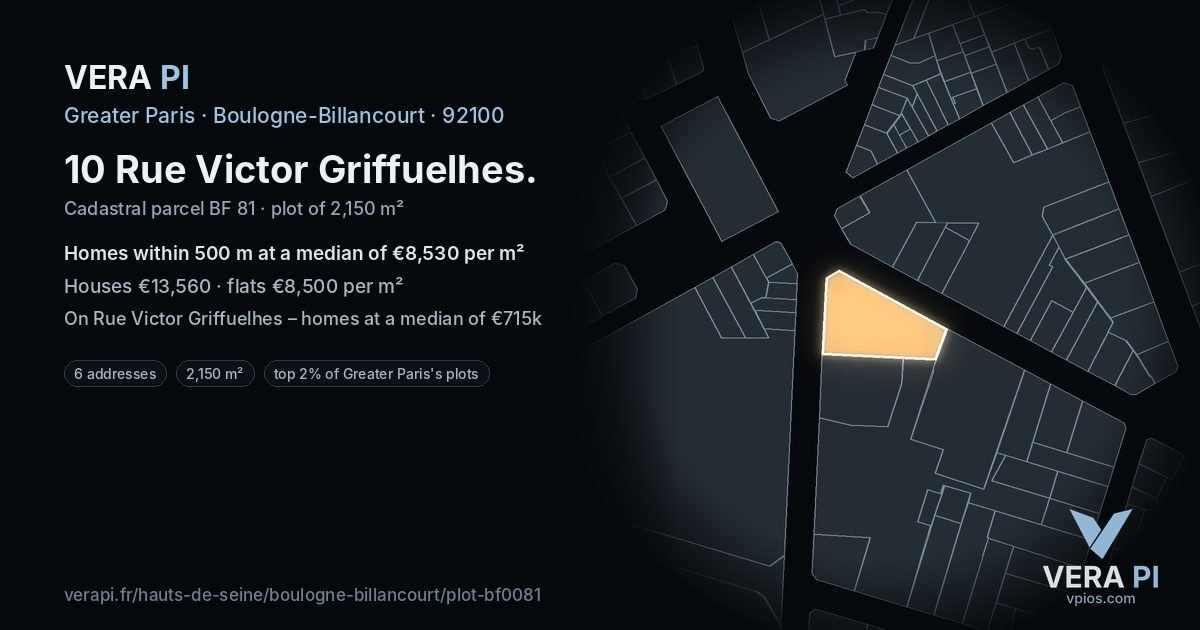 10 Rue Victor Griffuelhes, Boulogne-Billancourt at night – the plot lit, the parcels around coloured by the prices near them
