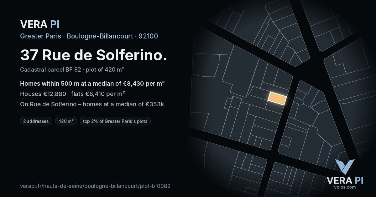 37 Rue de Solferino, Boulogne-Billancourt at night – the plot lit, the parcels around coloured by the prices near them