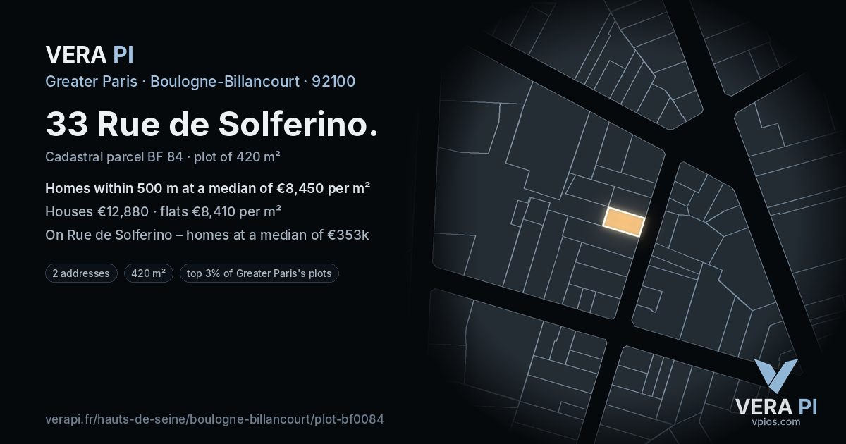 33 Rue de Solferino, Boulogne-Billancourt at night – the plot lit, the parcels around coloured by the prices near them