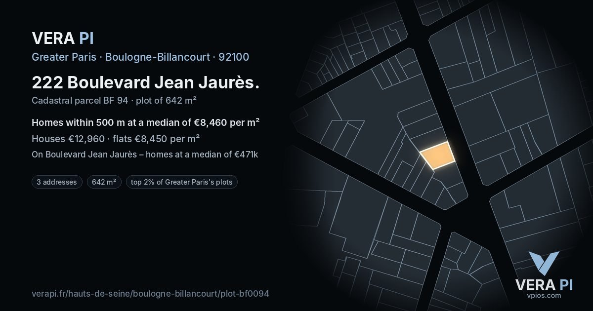 222 Boulevard Jean Jaurès, Boulogne-Billancourt at night – the plot lit, the parcels around coloured by the prices near them