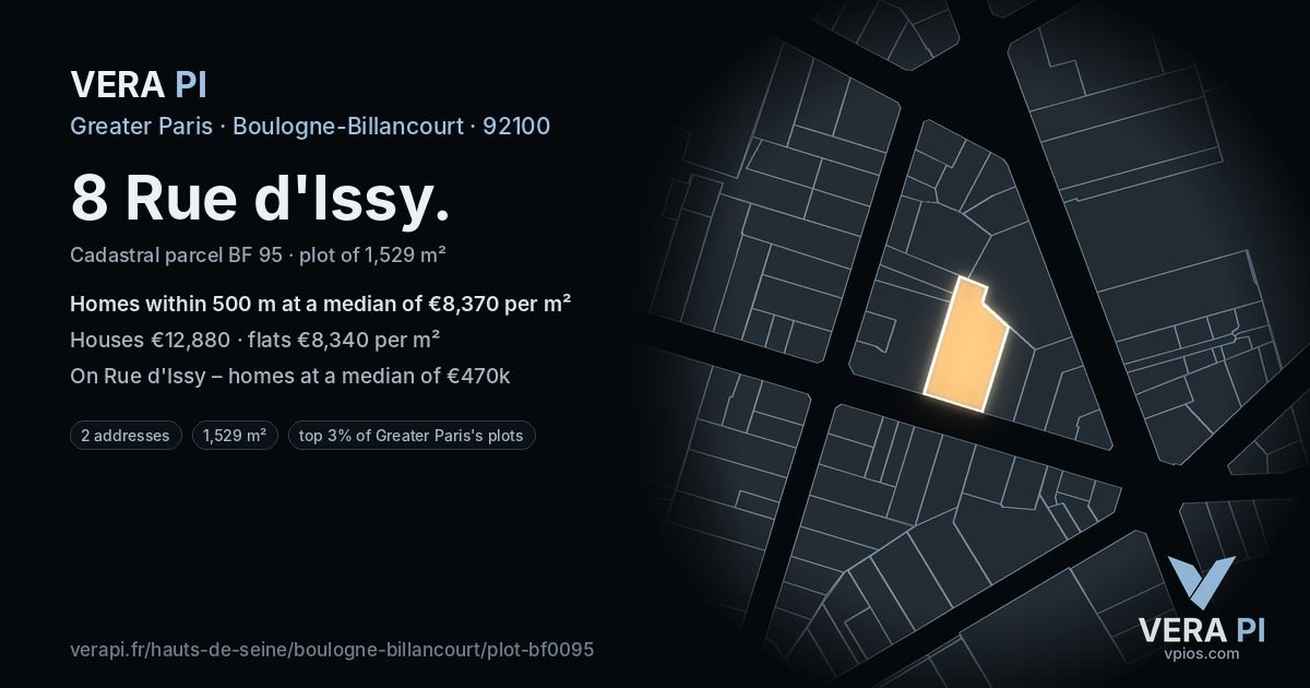 8 Rue d'Issy, Boulogne-Billancourt at night – the plot lit, the parcels around coloured by the prices near them