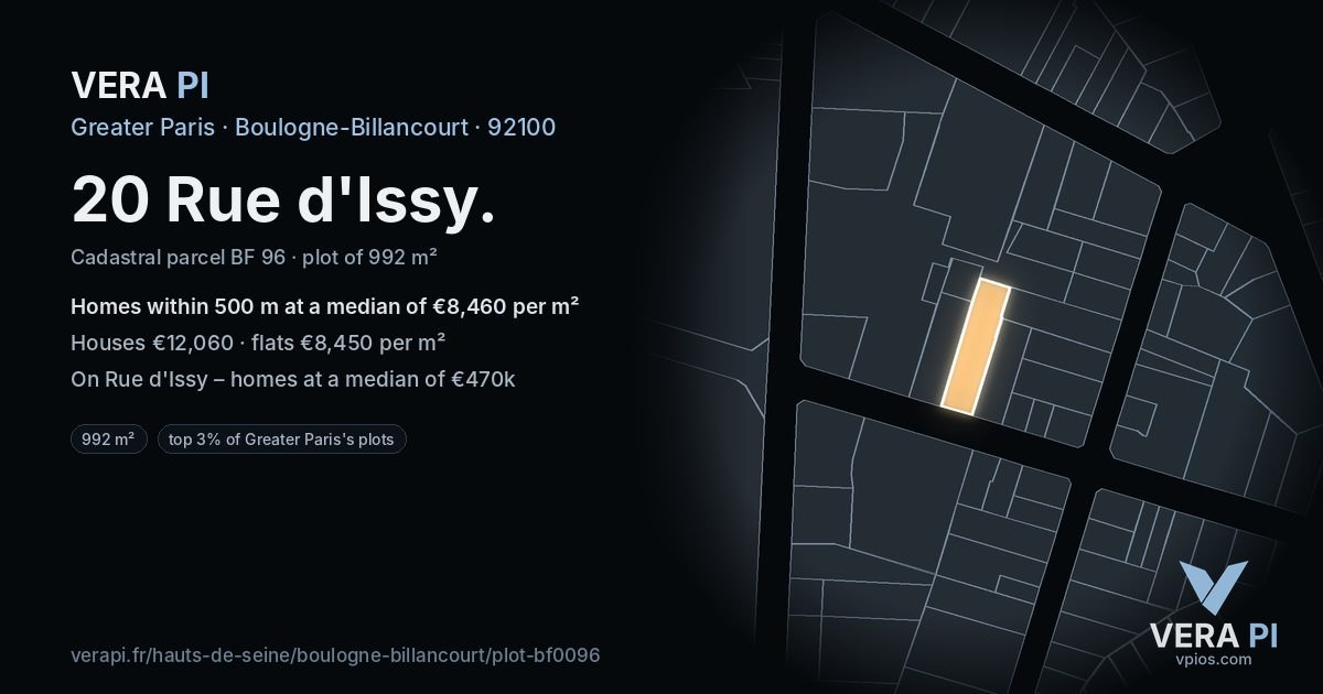20 Rue d'Issy, Boulogne-Billancourt at night – the plot lit, the parcels around coloured by the prices near them