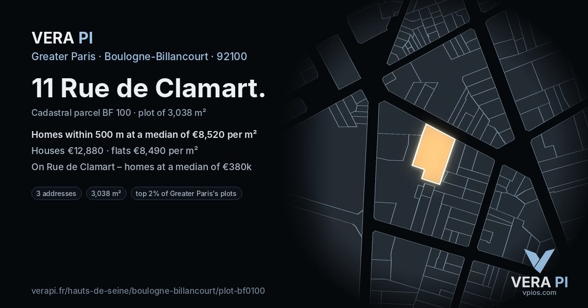 11 Rue de Clamart, Boulogne-Billancourt at night – the plot lit, the parcels around coloured by the prices near them