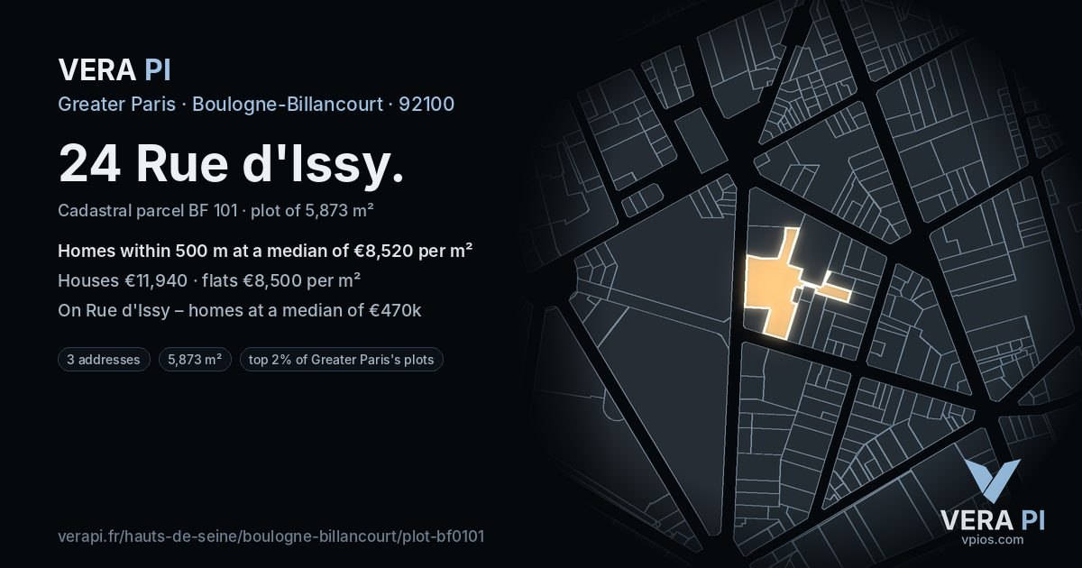 24 Rue d'Issy, Boulogne-Billancourt at night – the plot lit, the parcels around coloured by the prices near them