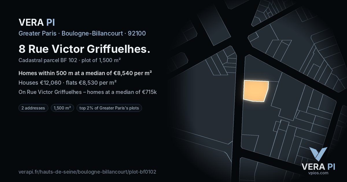 8 Rue Victor Griffuelhes, Boulogne-Billancourt at night – the plot lit, the parcels around coloured by the prices near them