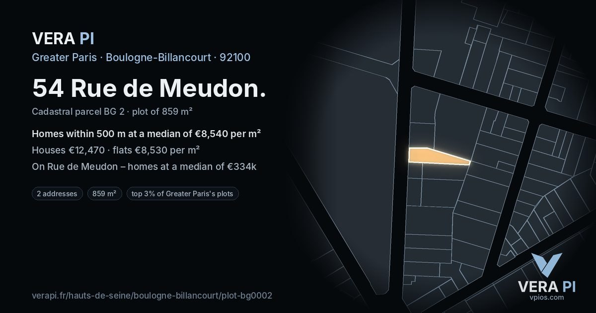 54 Rue de Meudon, Boulogne-Billancourt at night – the plot lit, the parcels around coloured by the prices near them