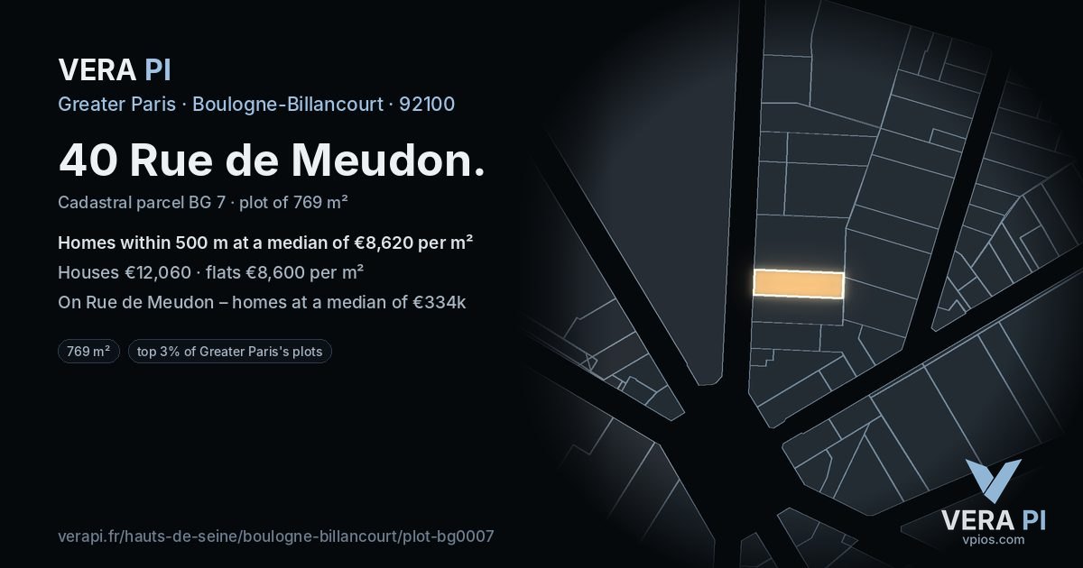 40 Rue de Meudon, Boulogne-Billancourt at night – the plot lit, the parcels around coloured by the prices near them