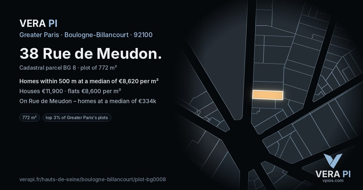 38 Rue de Meudon, Boulogne-Billancourt at night – the plot lit, the parcels around coloured by the prices near them
