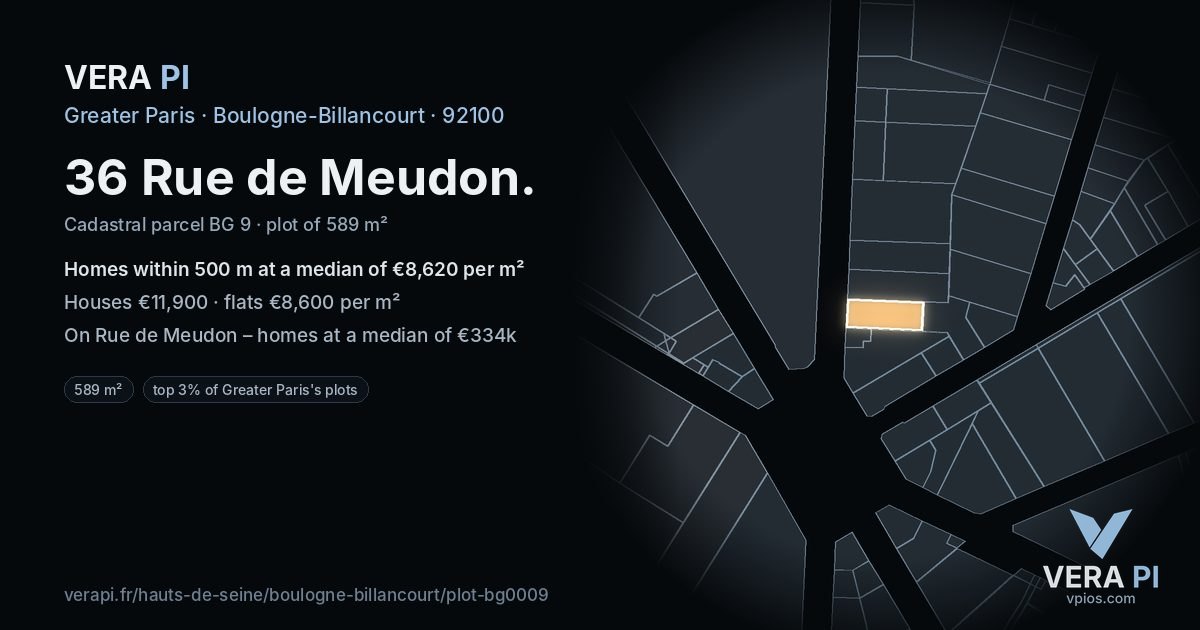 36 Rue de Meudon, Boulogne-Billancourt at night – the plot lit, the parcels around coloured by the prices near them