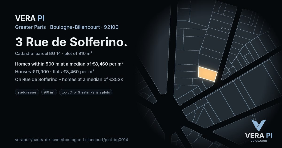3 Rue de Solferino, Boulogne-Billancourt at night – the plot lit, the parcels around coloured by the prices near them