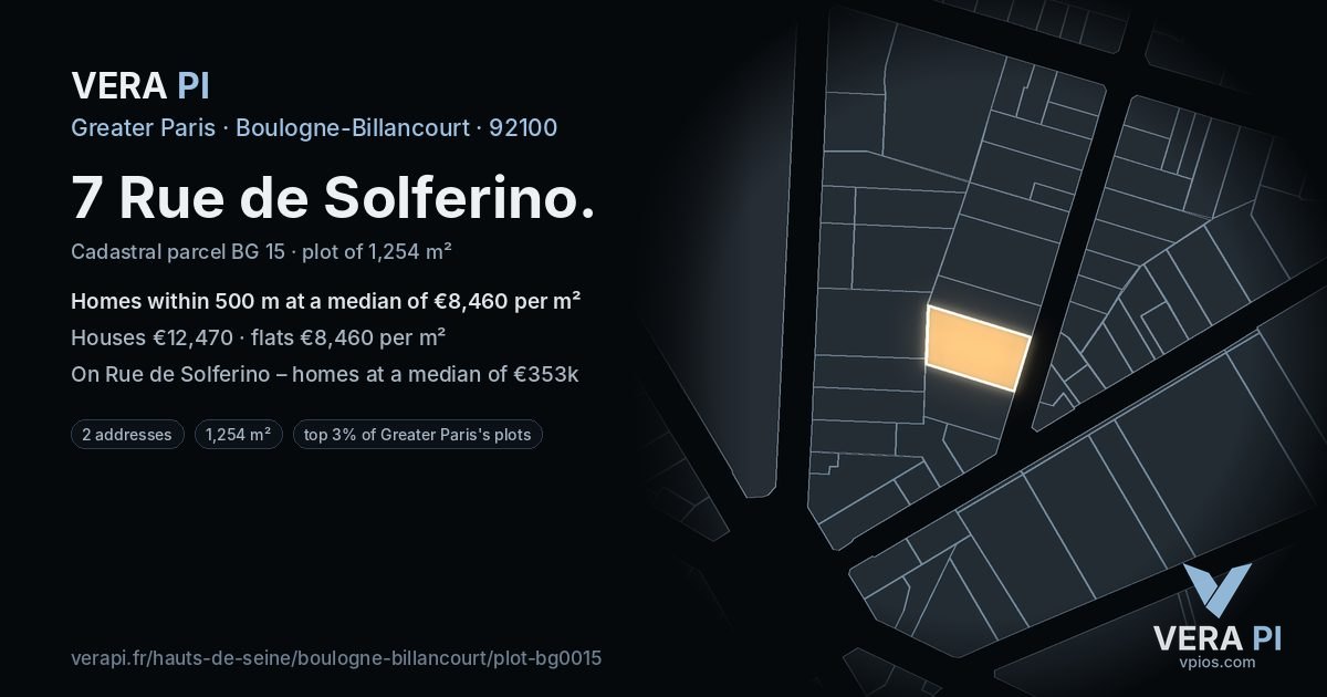 7 Rue de Solferino, Boulogne-Billancourt at night – the plot lit, the parcels around coloured by the prices near them