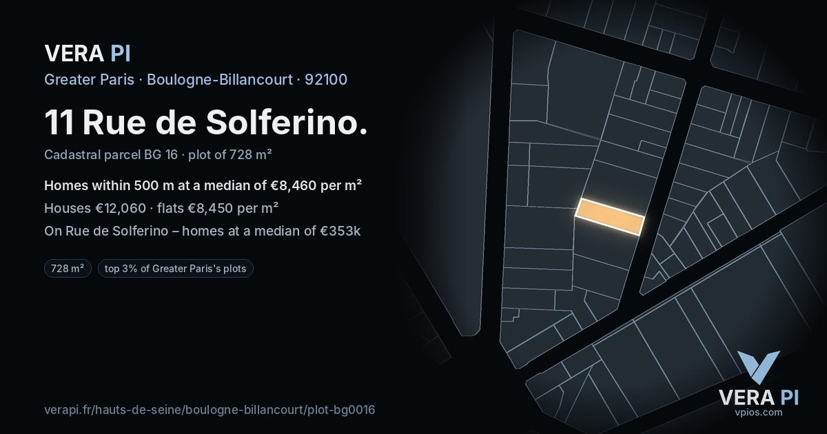 11 Rue de Solferino, Boulogne-Billancourt at night – the plot lit, the parcels around coloured by the prices near them