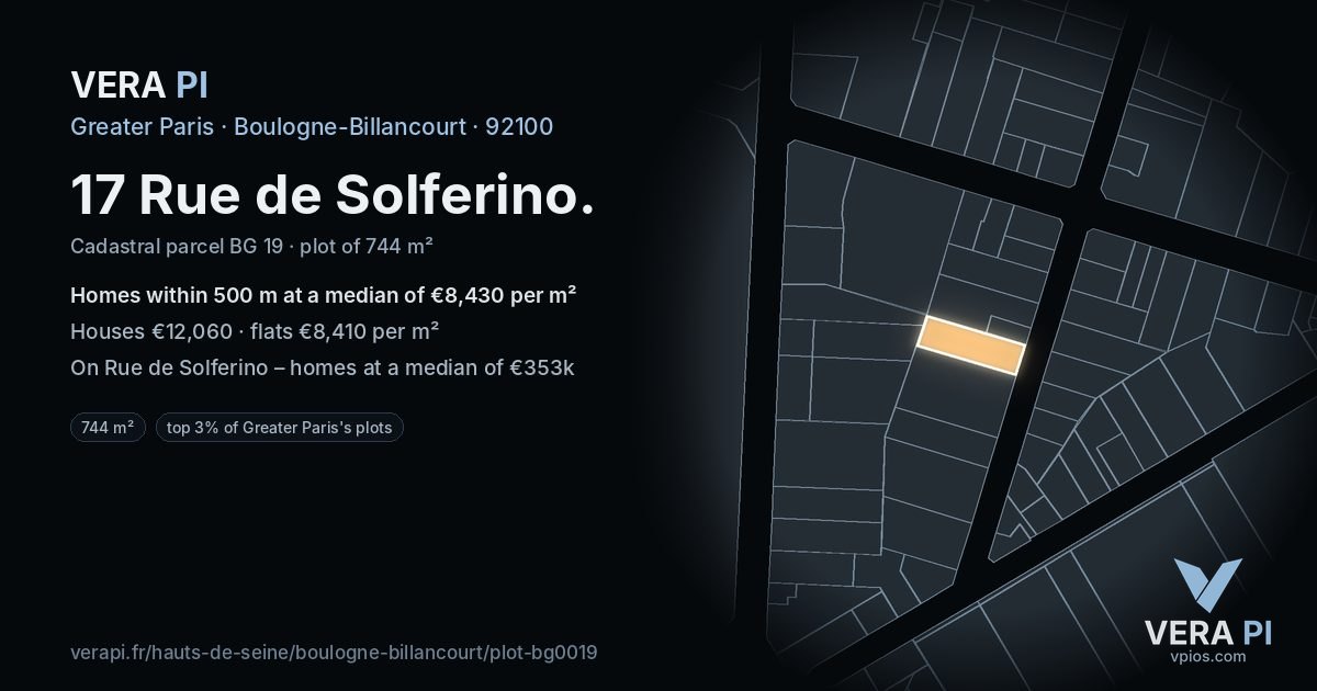 17 Rue de Solferino, Boulogne-Billancourt at night – the plot lit, the parcels around coloured by the prices near them