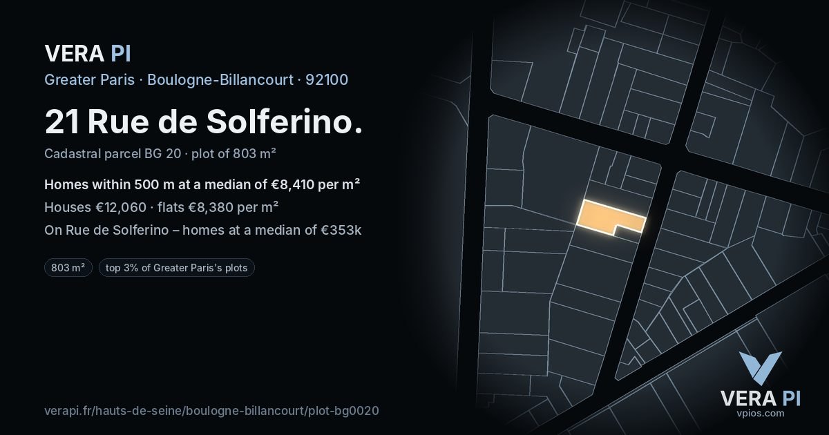 21 Rue de Solferino, Boulogne-Billancourt at night – the plot lit, the parcels around coloured by the prices near them