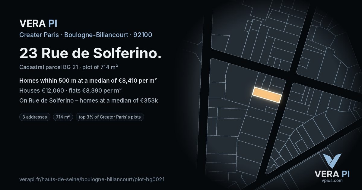 23 Rue de Solferino, Boulogne-Billancourt at night – the plot lit, the parcels around coloured by the prices near them