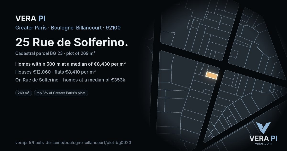25 Rue de Solferino, Boulogne-Billancourt at night – the plot lit, the parcels around coloured by the prices near them