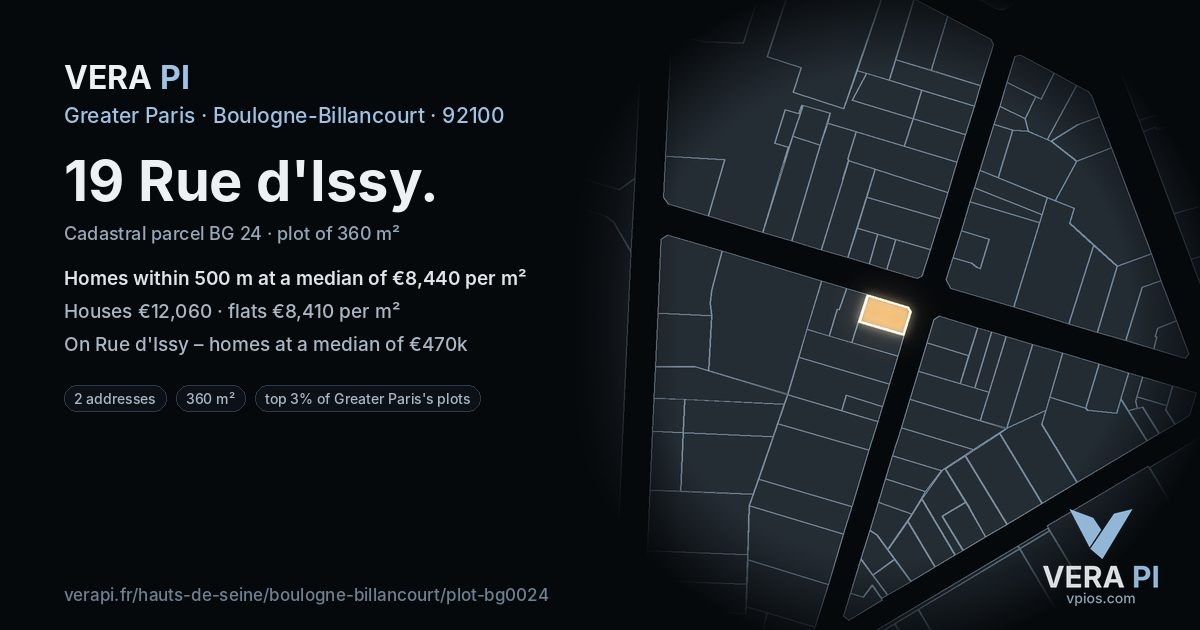 19 Rue d'Issy, Boulogne-Billancourt at night – the plot lit, the parcels around coloured by the prices near them