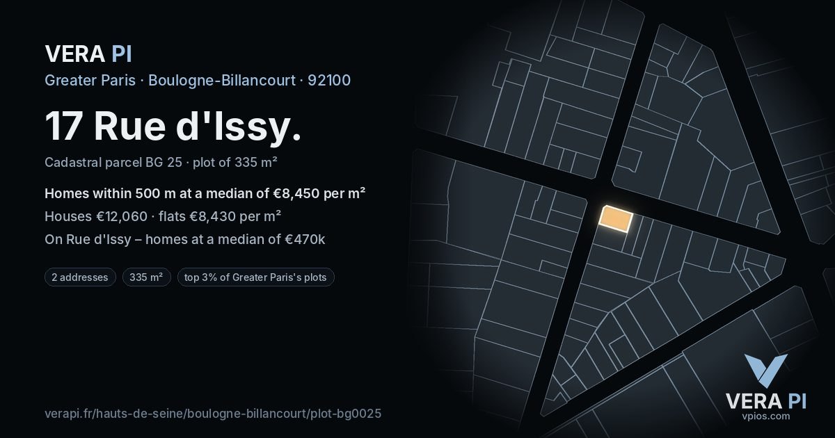 17 Rue d'Issy, Boulogne-Billancourt at night – the plot lit, the parcels around coloured by the prices near them