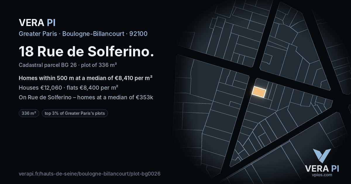 18 Rue de Solferino, Boulogne-Billancourt at night – the plot lit, the parcels around coloured by the prices near them