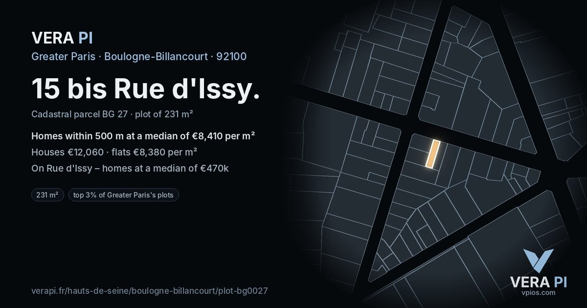 15 bis Rue d'Issy, Boulogne-Billancourt at night – the plot lit, the parcels around coloured by the prices near them