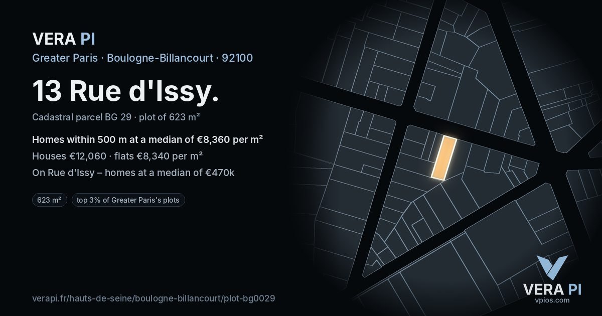 13 Rue d'Issy, Boulogne-Billancourt at night – the plot lit, the parcels around coloured by the prices near them