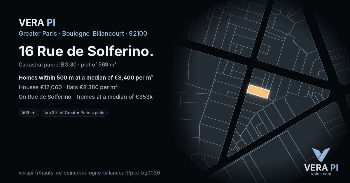 16 Rue de Solferino, Boulogne-Billancourt at night – the plot lit, the parcels around coloured by the prices near them