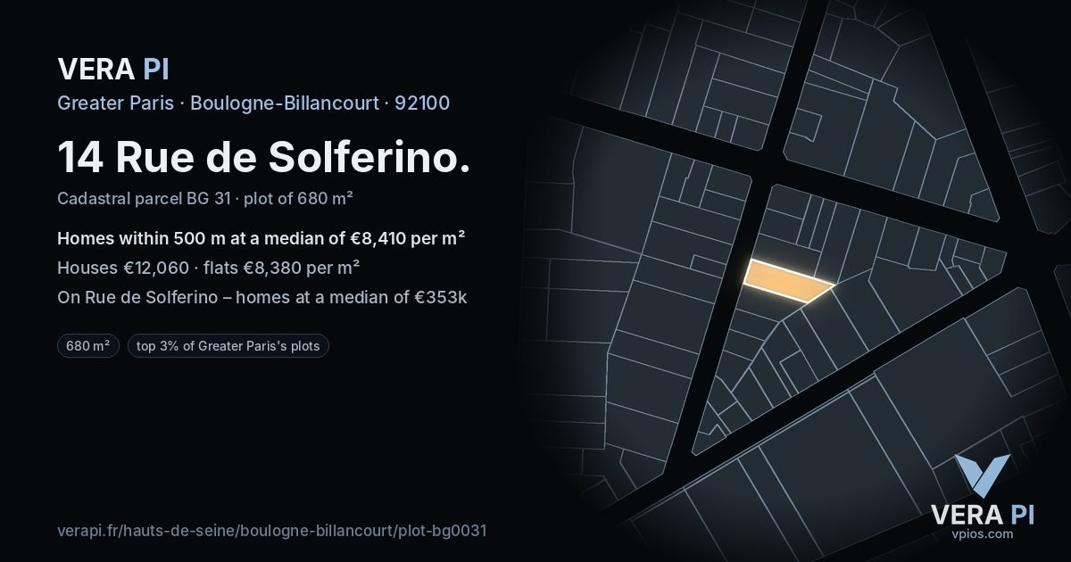 14 Rue de Solferino, Boulogne-Billancourt at night – the plot lit, the parcels around coloured by the prices near them