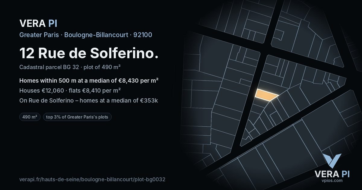 12 Rue de Solferino, Boulogne-Billancourt at night – the plot lit, the parcels around coloured by the prices near them