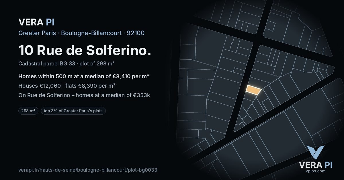 10 Rue de Solferino, Boulogne-Billancourt at night – the plot lit, the parcels around coloured by the prices near them