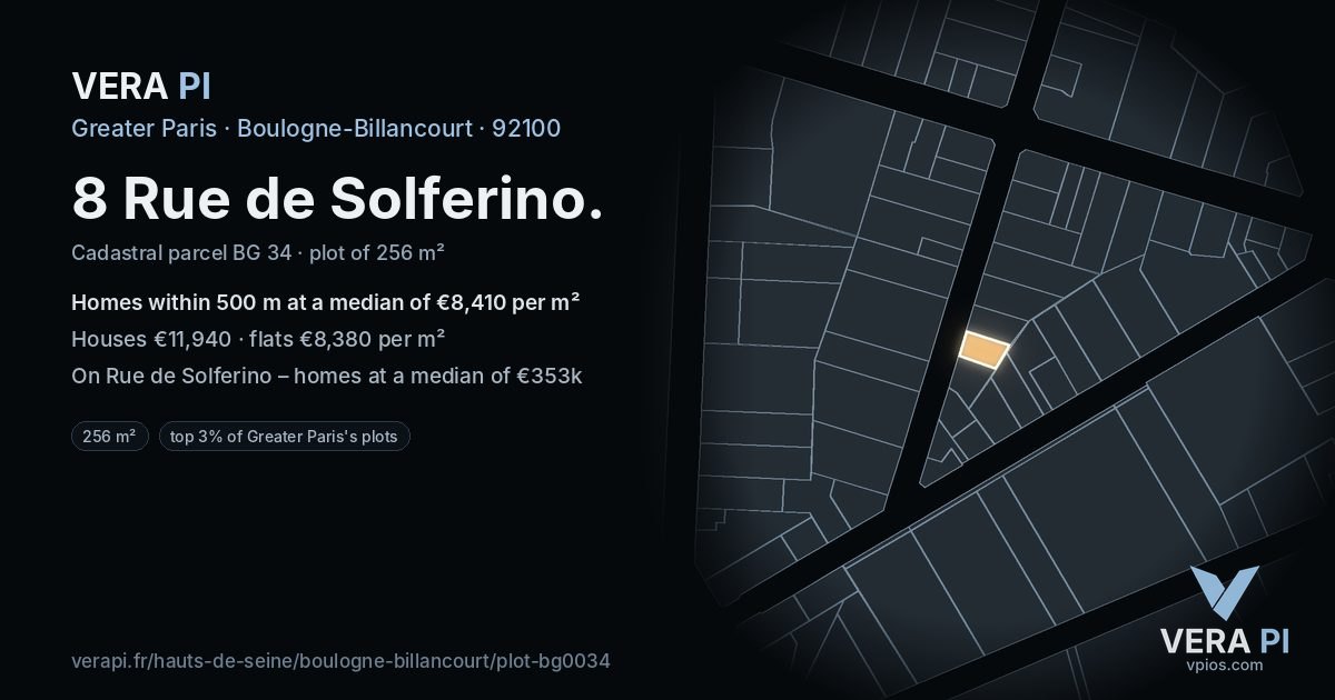 8 Rue de Solferino, Boulogne-Billancourt at night – the plot lit, the parcels around coloured by the prices near them