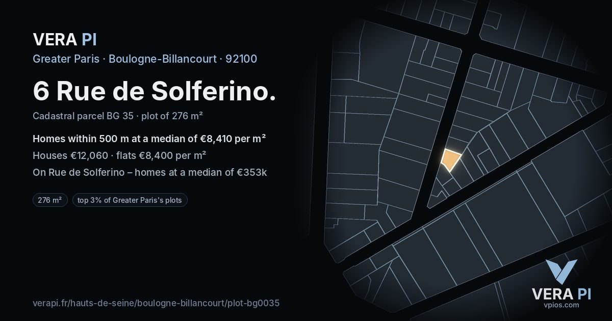 6 Rue de Solferino, Boulogne-Billancourt at night – the plot lit, the parcels around coloured by the prices near them