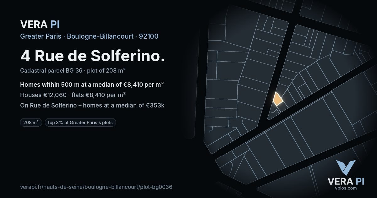 4 Rue de Solferino, Boulogne-Billancourt at night – the plot lit, the parcels around coloured by the prices near them